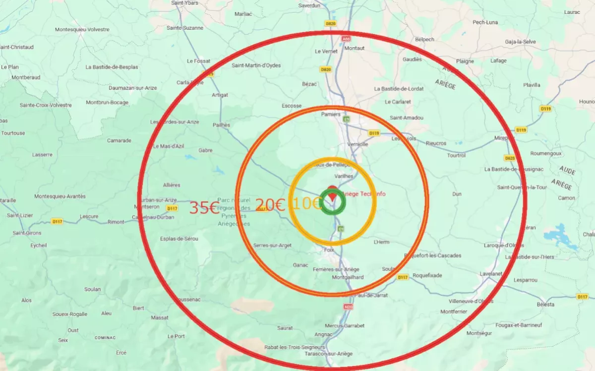 Carte des zones d'intervention et frais de déplacement d'Ariège Tech Info. Tarifs par rayons de 10€, 20€ et 35€ autour de Varilhes, couvrant Tarascon, Mirepoix et Saint-Girons.