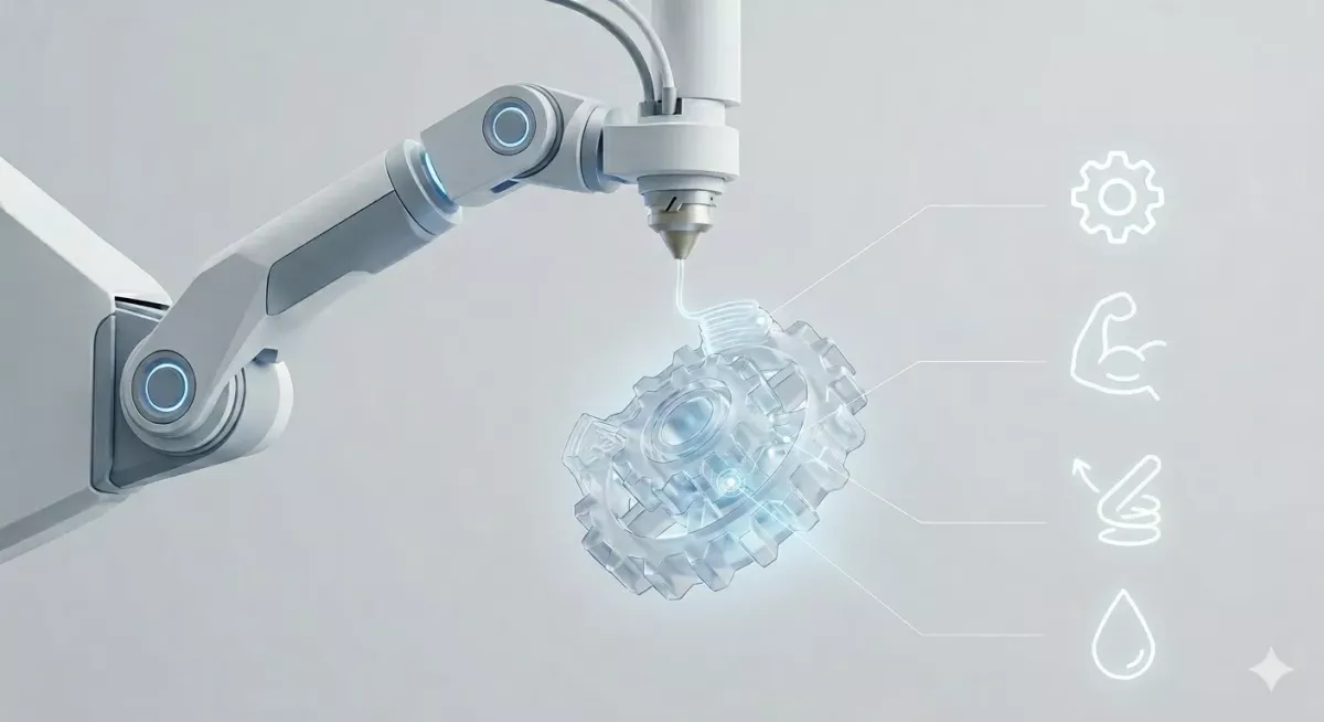 Illustration d'une buse d'impression 3D fabriquant un engrenage mécanique, représentant la création de pièces plastiques sur-mesure.