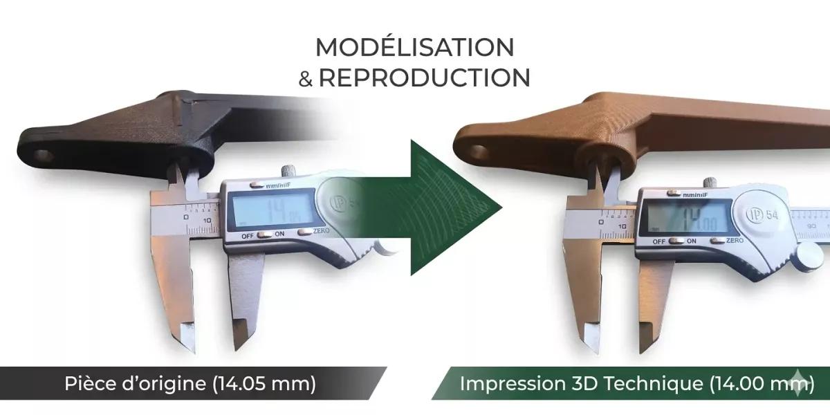 Mesure comparative au pied à coulisse : pièce d'origine à 14.05 mm contre reproduction imprimée en 3D à 14.00 mm, soit un écart de seulement 0.05 mm.